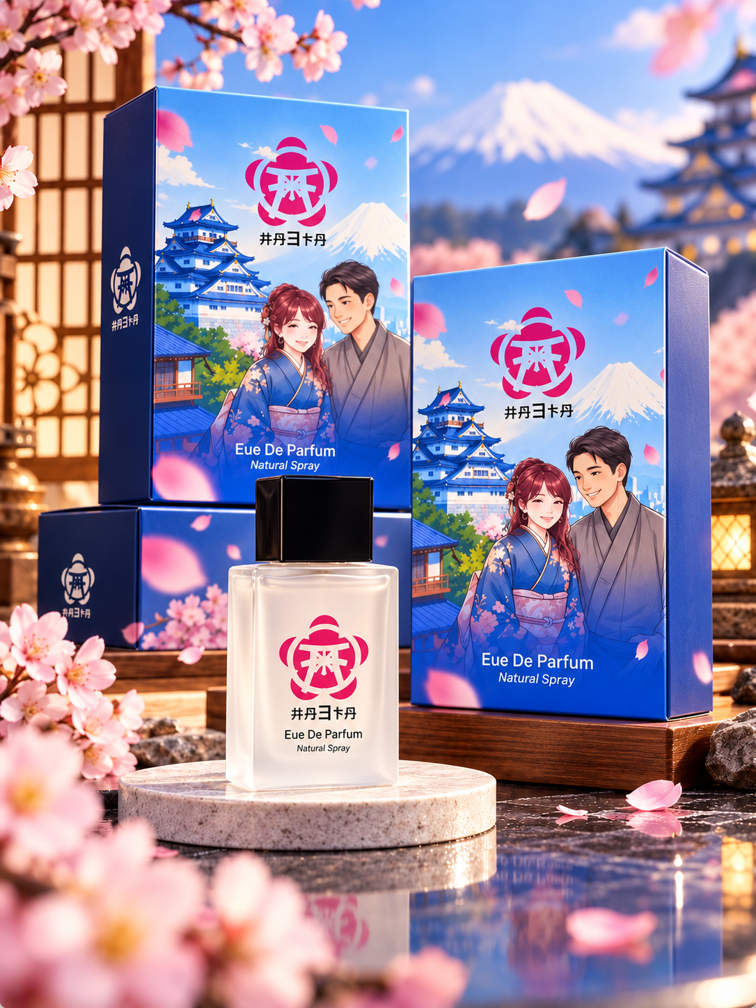 Visual HAETA dengan botol dan box parfum dalam suasana sakura Jepang
