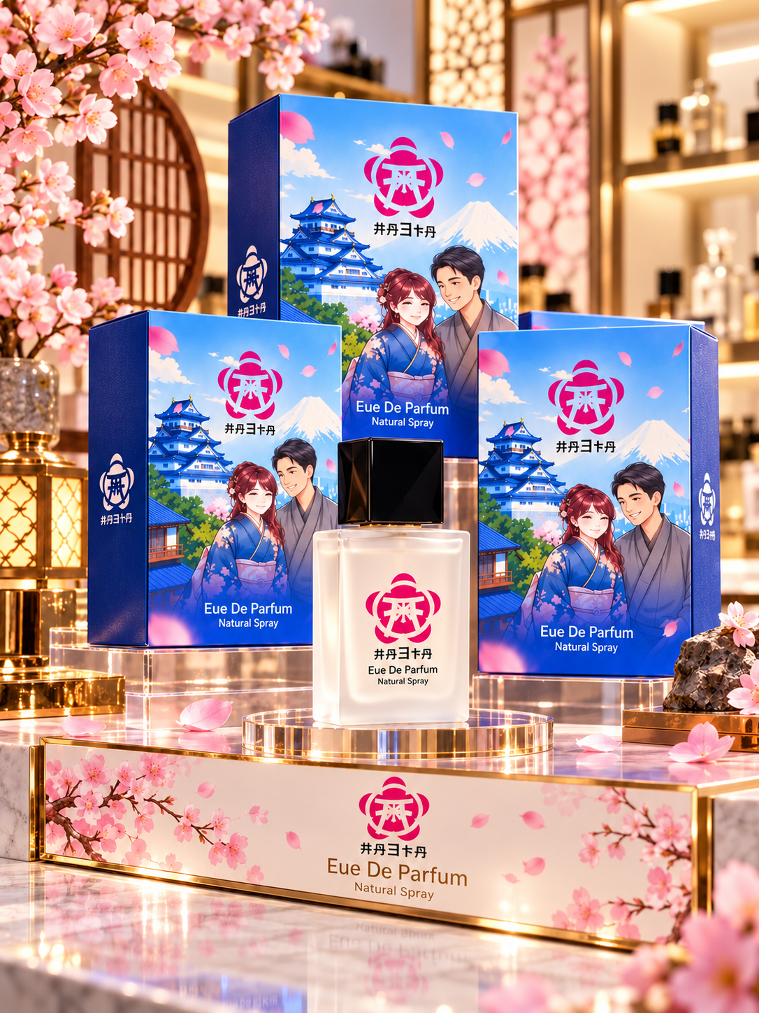 Visual botol dan box HAETA pada display bernuansa emas dan sakura