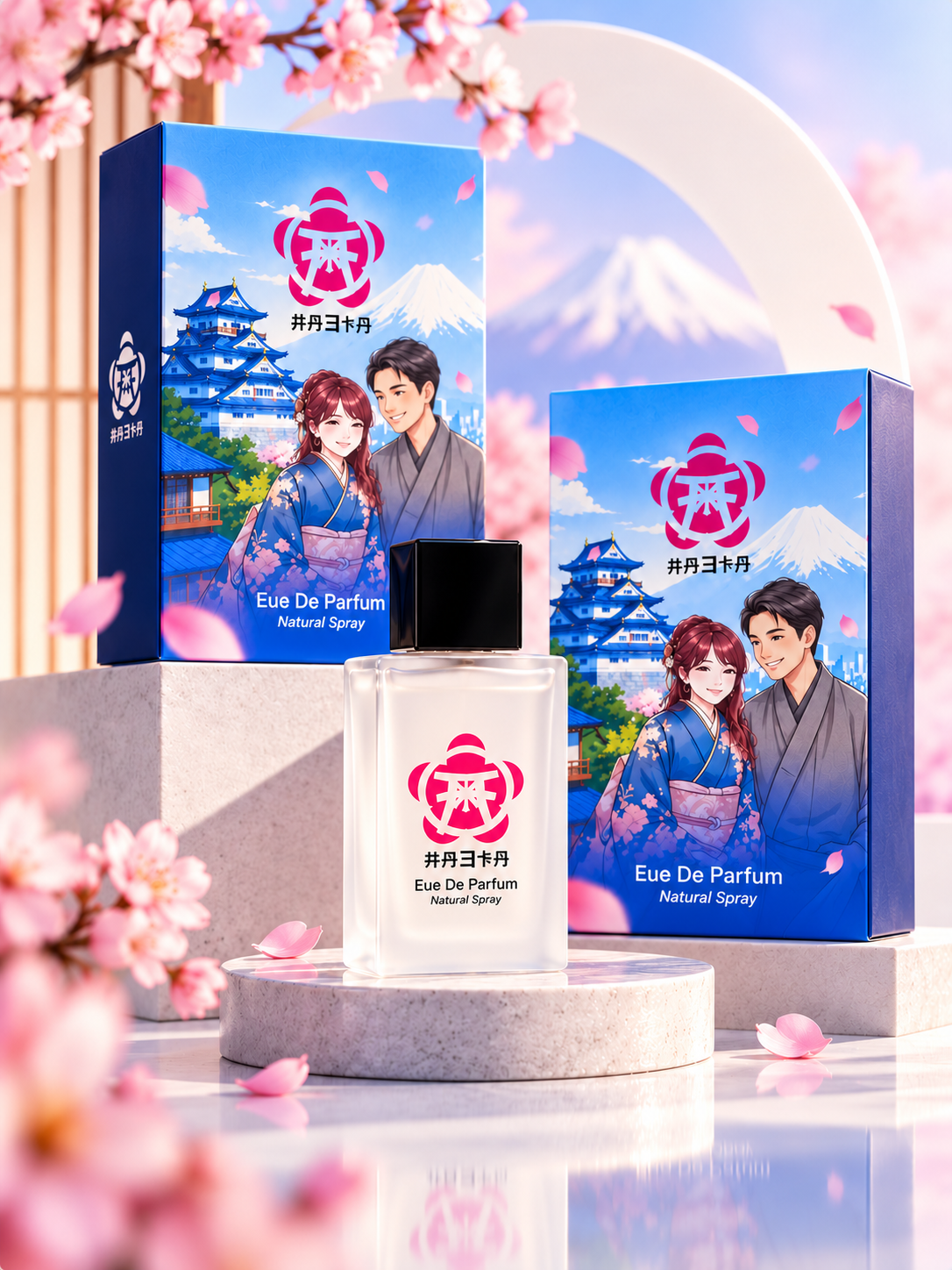 Visual HAETA dengan sakura merah muda dan latar gunung